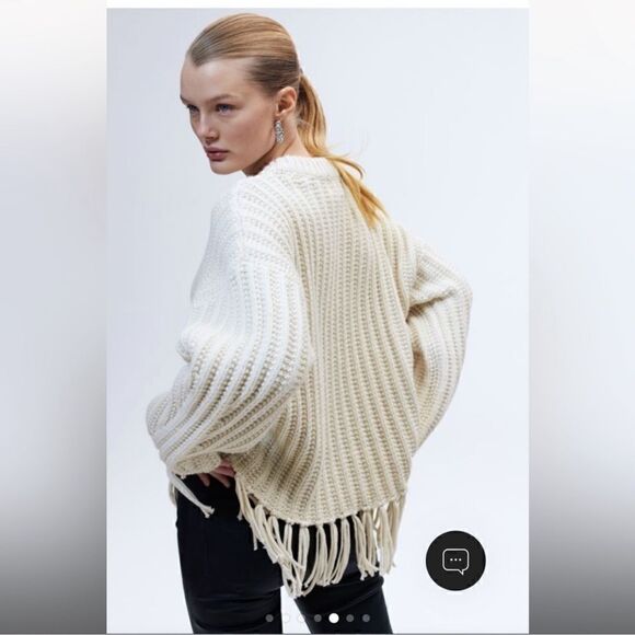 H&M- Women’s Cream Fringe-Trimmed Chunky Knit Fisherman Wool Blend Sweater, M - Picture 5 of 11